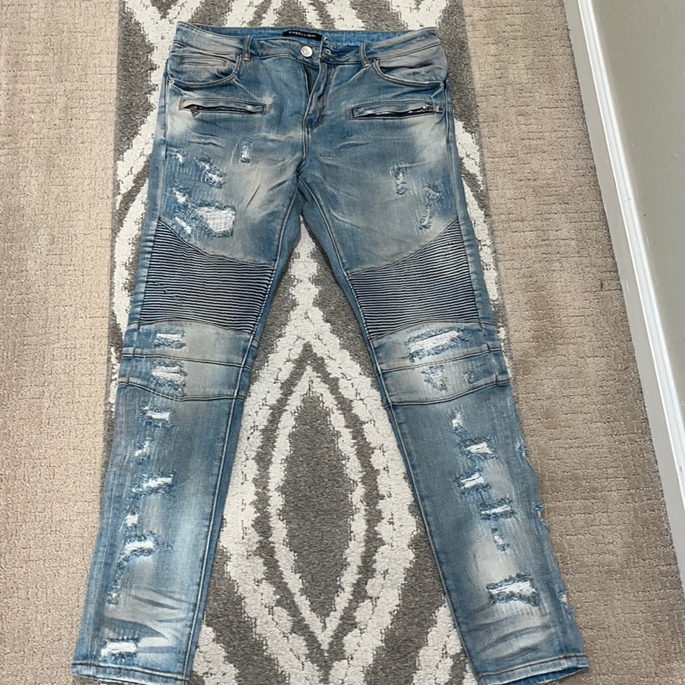 Embellish ribbed biker jeans